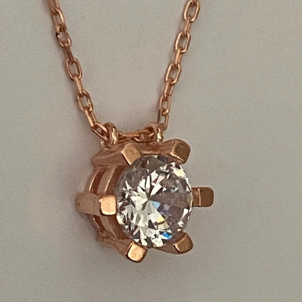925 Silver necklace solitaire cz 14K rose gold plated